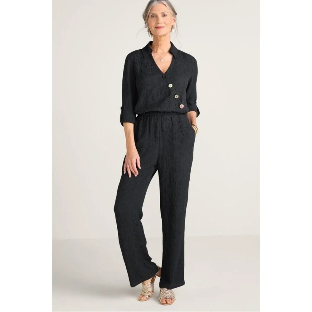 Soft Surroundings Jumpsuit Women PS Black Crinkle Ramie Asymmetrical 3CW86